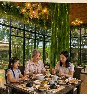 ครอบครัวทานอาหารในห้องเรือนกระจกของน่าน กรีนเฮ้าส์